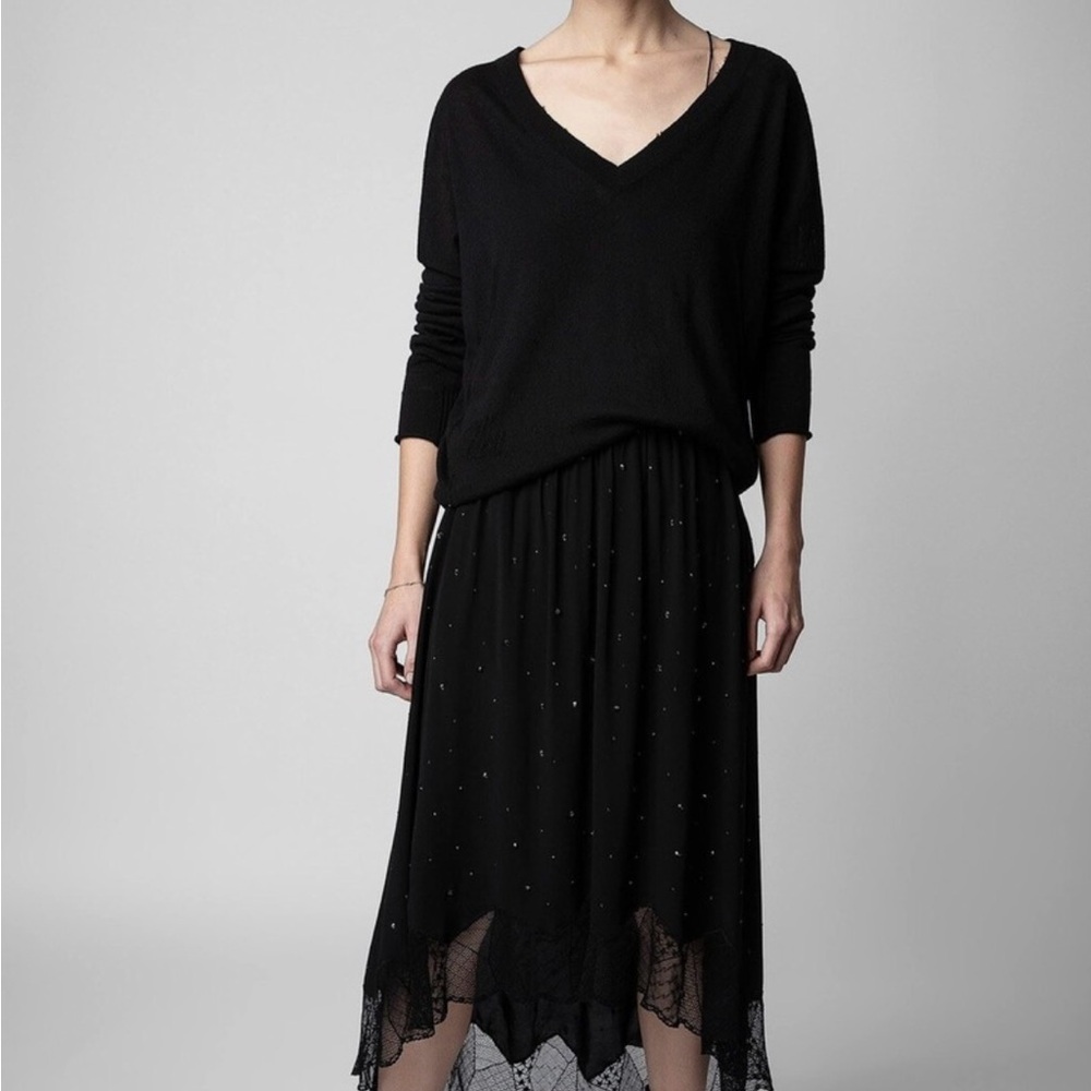 Zadig & Voltaire Joslin Strass Black Midi Skirt with Lace 2023